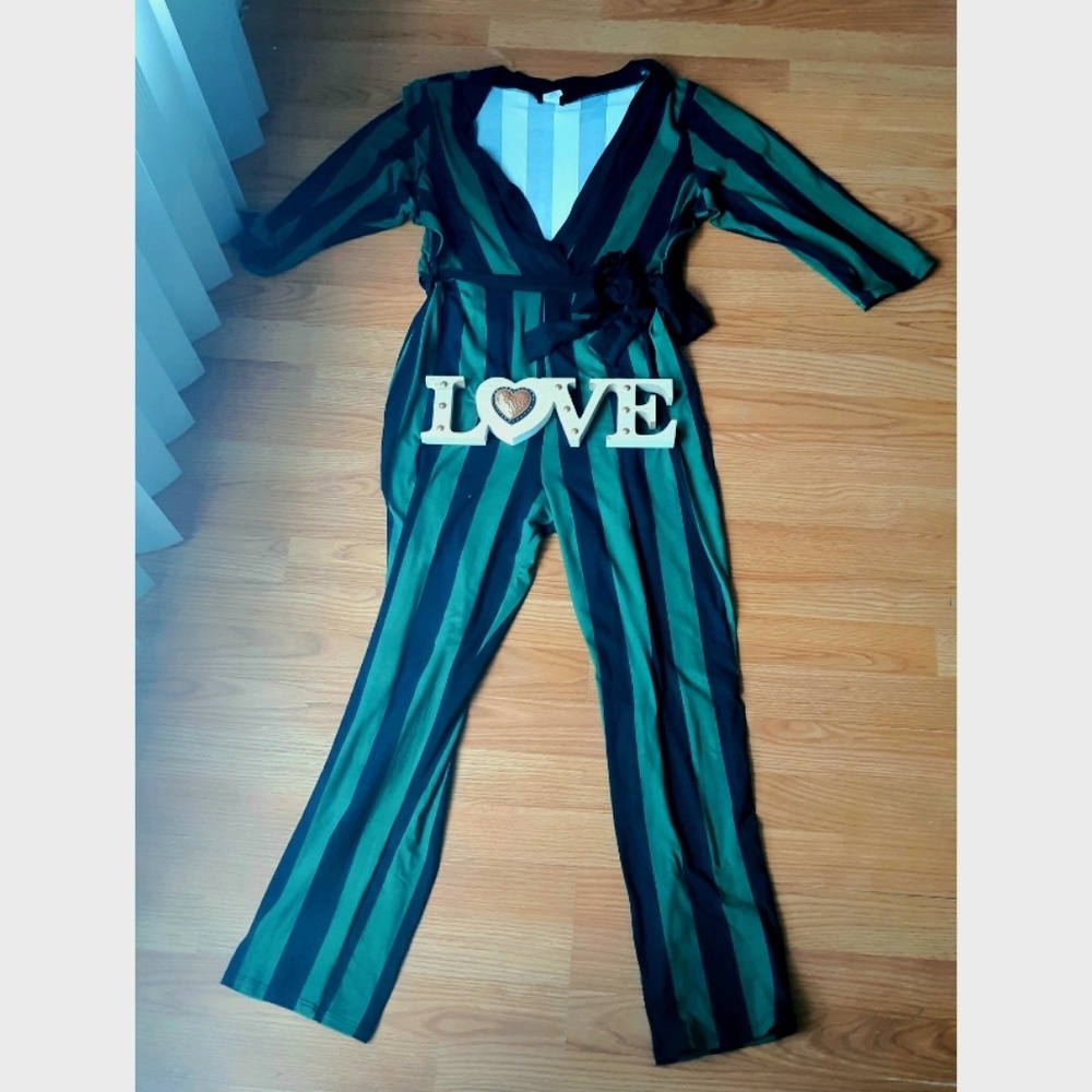 Long Sleeve Striped V Neck Jumpsuit w/ belt